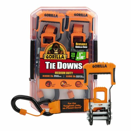 GORILLA TIE DOWN 1in x 16ft 3300 lb Ratchet Strap / Gorilla, 2PK 93001